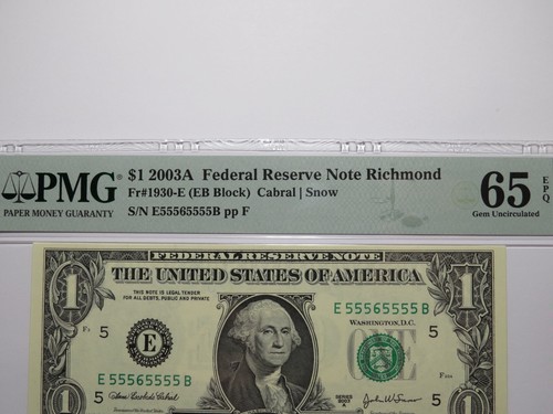 $1 2003 Near Solid Serial Number Federal Reserve Bank Note Bill UNC65 #55565555 - Picture 2 of 3