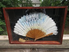 Antique Vintage Framed Lady's Hand Fan Feathers Wood Brass Tassel 24"x 16"