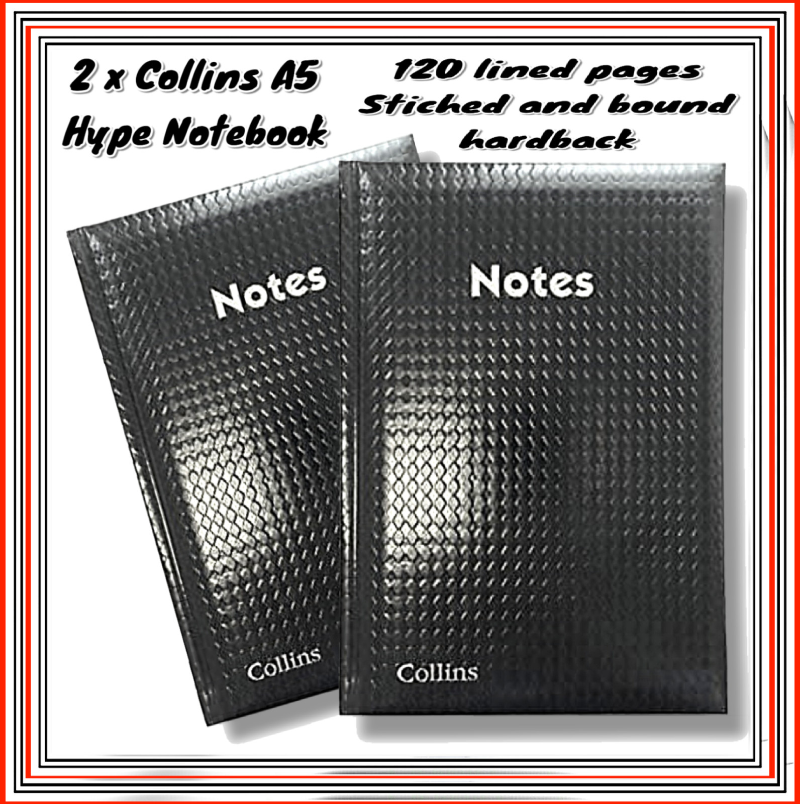 Collins Hype bookbound A5 Notebook x 2  120 Pages 80gsm lined Black padded cover
