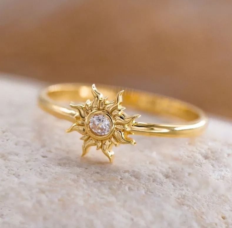 14K Solid Gold Sun Ring Minimalist Ring Stackable Rings For Women