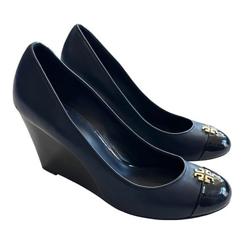Tory Burch Jolie Wedge Cap Toe Leather Pump 9.5 Navy Blue Career Minimalist  Mod | eBay