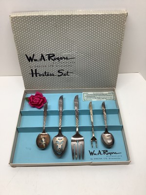 Vtg Wm A Rogers Silverplate 5pc Hostess set orig box Wildwood 1958 EUC