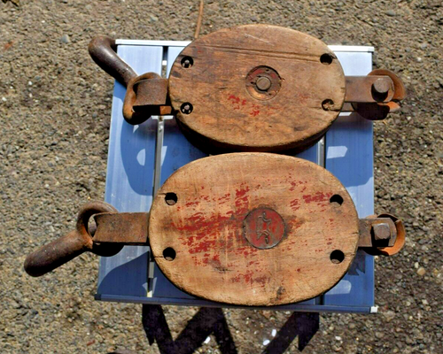 VNTG Pair Wooden Double & Single Bock Barn Pulleys w/ hooks Anvil Logo 15" Long - Picture 7 of 10