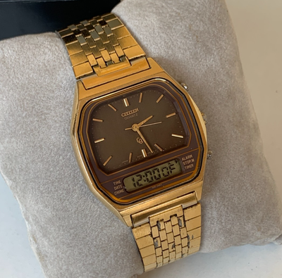 1980's Vintage Citizen Analog & Digital Watch Gold Plated Squared