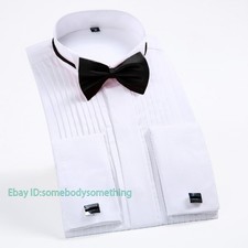 Classic Winged Collar Shirt Men's Wingtip Tuxedo Formal Shirt with Black Bow Tie