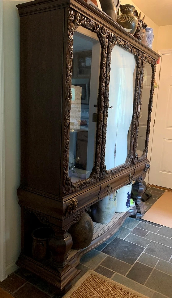 Gabinete de madera tallada China Sirena Ángeles Pájaros Credenza Buffet Armario Pick NJ Foto 3 de 4