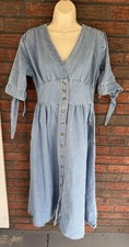 Blue Denim Maxi Dress Small Tie Knot Half Short Sleeve Shift Button Front Pocket