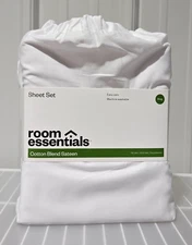 Room Essentials Easy Care Cotton Sateen King 4 Pc White Sheet & Pillowcase Set