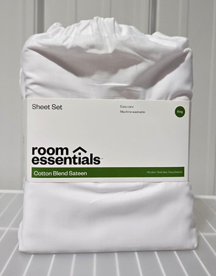Room Essentials Easy Care Cotton Sateen King 4 Pc White Sheet & Pillowcase Set