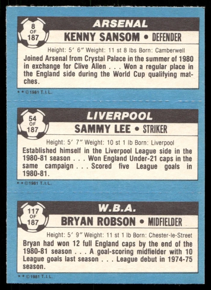 1981 Topps English League EPL Kenny Sansom/Sammy Lee/Bryan Robson - Image 2 of 2