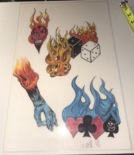 Vtg Late 90s Street Shop Tattoo Flash Sheet Flaming Dice Devil Card Suits 11x17