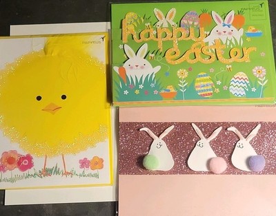 Papyrus Easter Artist Designed  Set of 3 Cards Chick & Rabbit Glitter Set #12