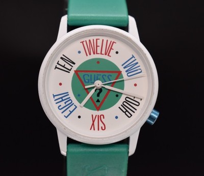 Vtg GUESS 1987 ? Logo Watch Colorful Dial 1980's Orig Strap Green NEW BATTERY