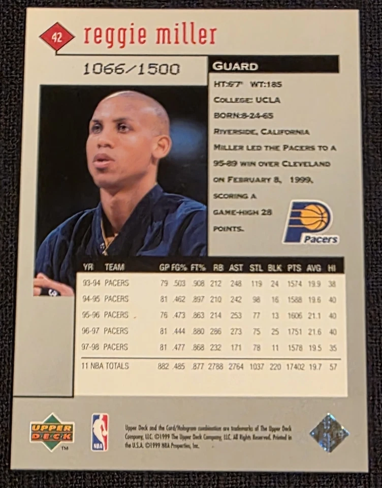 1998-99 Upper Deck Black Diamond Reggie Miller #42 Triple Diamond /1500 Pacers - Image 4 of 4