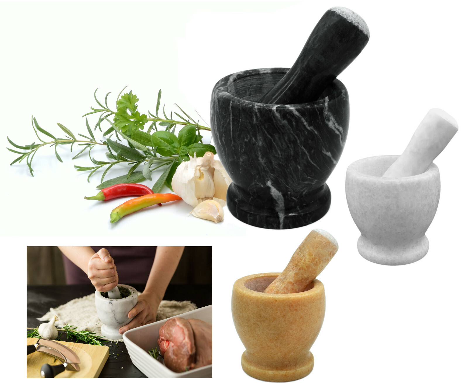 Mörser mit Stößel aus Marmor Steinmörser Gewürzmörser Zerkleinerer ...