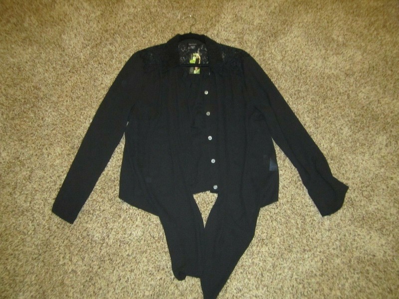 Karen Kane Sheer Black Shirt with lace shoulder accents  top XL NEW