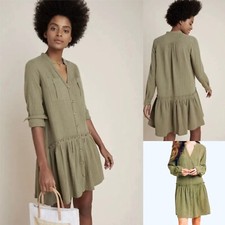 Maeve By Anthropologie Moss Katie LS Gauzy Utility Shift Dress Wm 2 Pockets