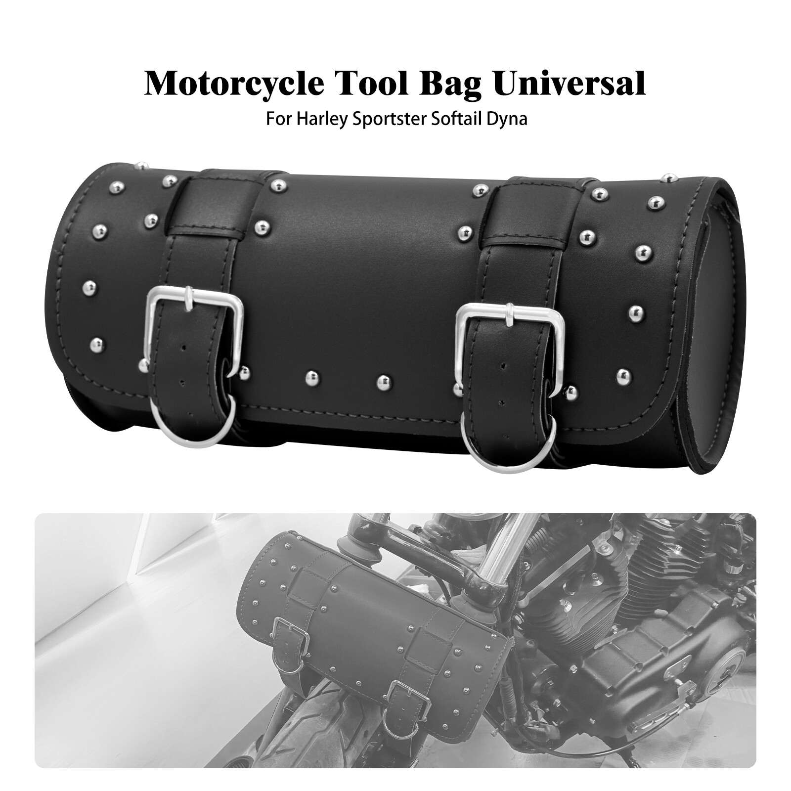 Motorcycle Black Handlebar Sissy Bar Bag Saddlebag Fork Roll Barrel Bag w/ Nails