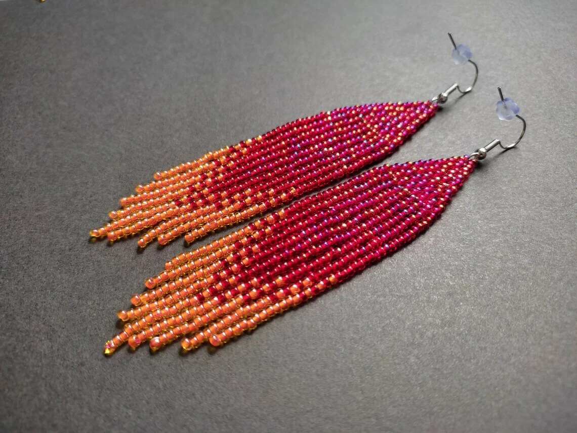 Gradient long seed bead fringe earrings orange red bead woman boho