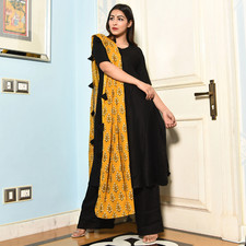 Indian Women Traditional Black Kurta , Pant And Yellow Dupatta Set