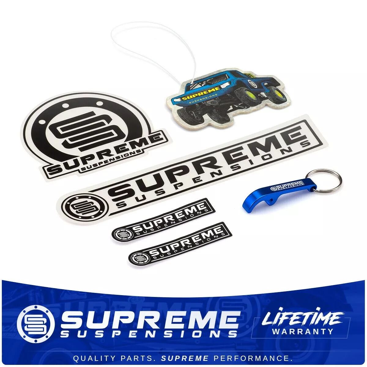 Pack autocollant ouvre bouteille porte clés désodorisant PRO par Supreme Suspensions