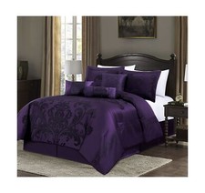Chezmoi Collection 7-Piece Jacquard Floral Comforter Set King, Purple/Dark P...