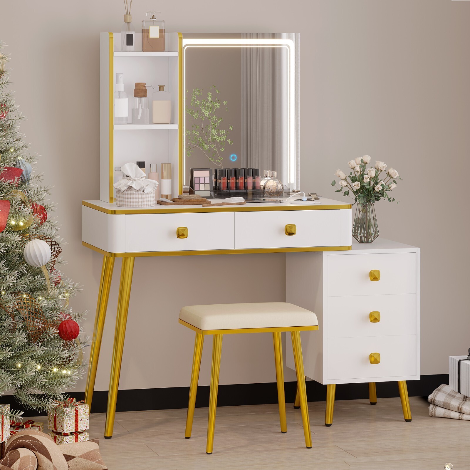 LED Vanity Makeup Desk with Mirror Lights 5 Drawers & USB Charging Station