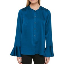 DKNY NEW Women's Teal Bell Sleeve Button Front Blouse Shirt Top TEDO