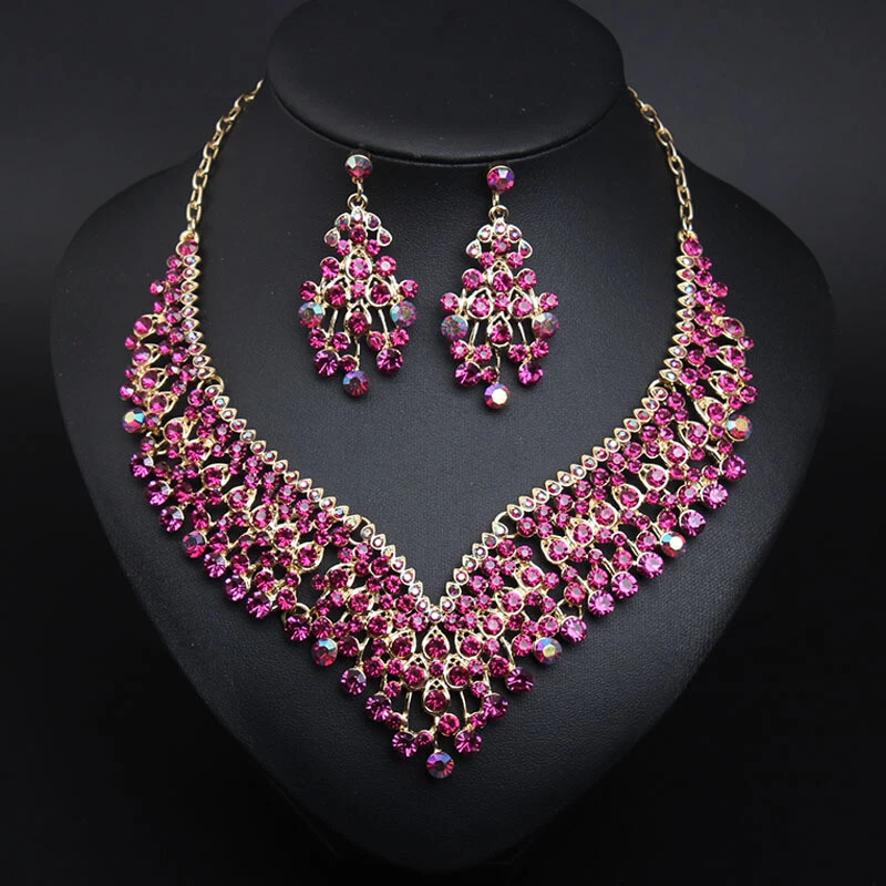 Rose Gold Plated Pink Crystal Necklace Bracelet Earrings Wedding Jewelry Set  829 | eBay