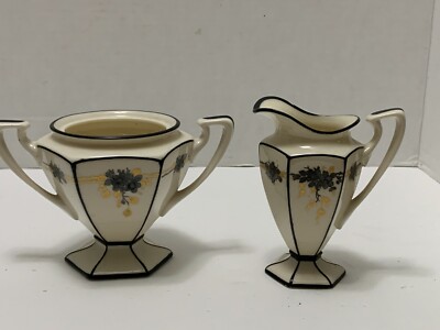 Antique Lenox Belleek CREAMER & SUGAR Pedestal Hexagon Silver/Gold Deco Floral