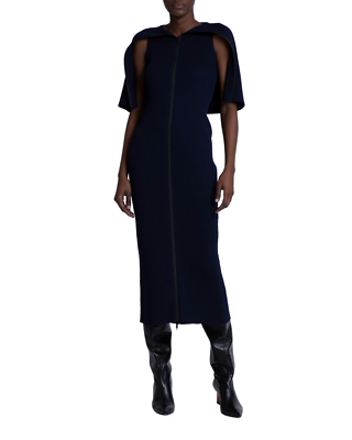 New 40 12 Jil Sander Navy Blue Rib Cotton Zip Tube Midi Dress Cape Draped Collar