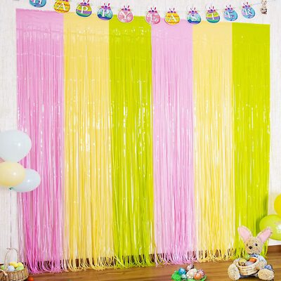 3 Pack Easter Theme Foil Fringe Curtains Easter Party Decorations 3.3x8.2 ft 