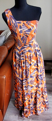 Nine West Women's Tropical Orange Blue One Shoulder Maxi Dress Pockets Sz Large