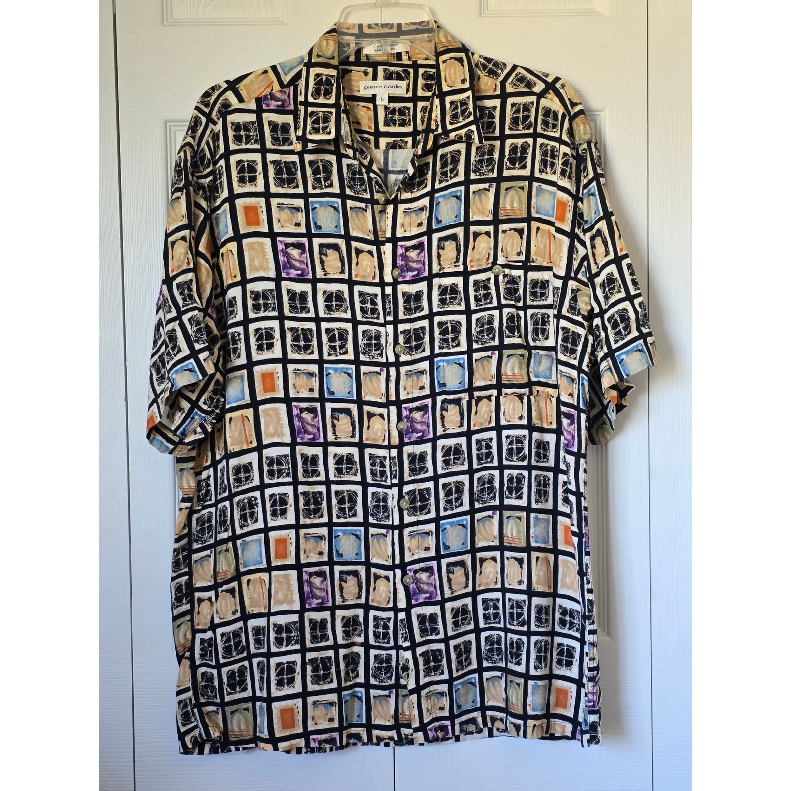 Pierre Cardin Vintage 90s Mens Large Rayon Abstract Geometric Grid Print Shirt