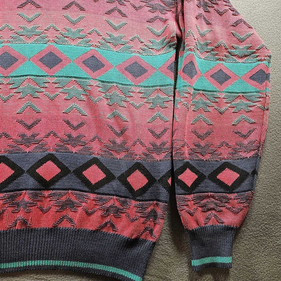 Suéter masculino vintage Santana grande vermelho azul-petróleo gola redonda malha asteca sudoeste anos 90 - Imagem 3 de 4