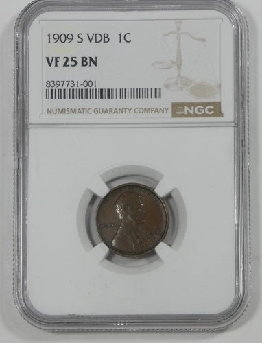 1909-S VDB Lincoln/Wheat Ears reverse Cent CERTIFIED NGC VF 25 BROWN 1c