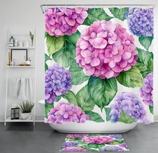 Sage Green Leaf Purple and Pink Hydrangea Shower Curtain Set for Bathroom Decor