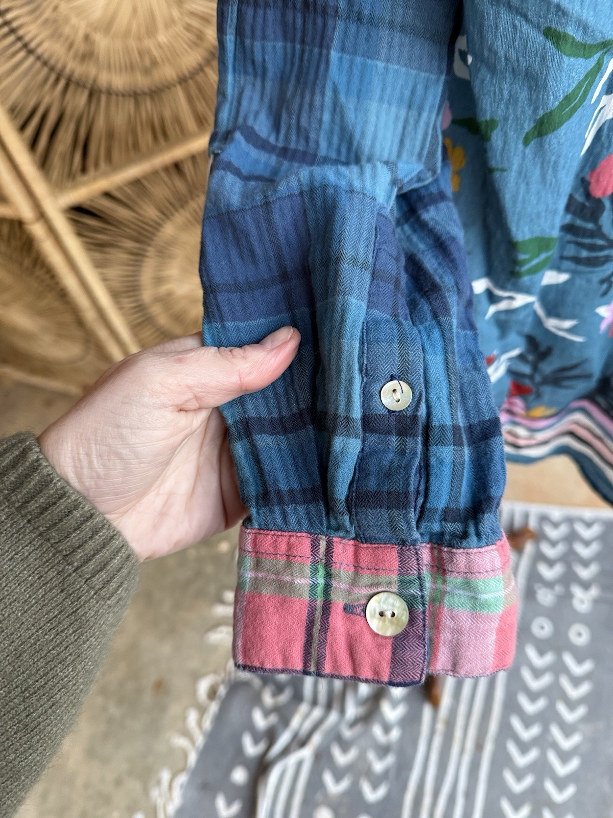 John Mark Patchwork Plaid Floral Embroidered Butt… - image 7