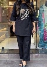 Women  s Pakistani Black Cotton Salwar Kameez Set Embroidered Co ord set Size-S