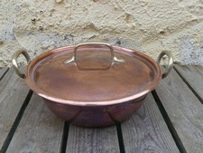 Kupfer-Kochtopf Frankreich 22,5 cm – verzinnt, Messinggriffe, Deckel Vintage