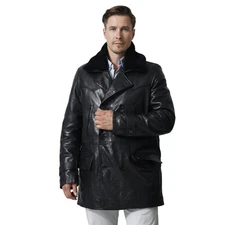 Men’s Real Leather Pea Coat with Detachable Fur Collar – Long Cowhide Jacket