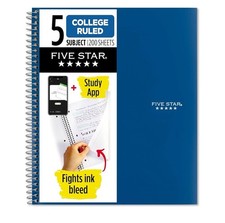 Five Star 5 Subject Spiral Notebook Blue College Ruled 200 Sheets 11" x 8-1/2"