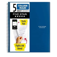 Five Star 5 Subject Spiral Notebook Blue College Ruled 200 Sheets 11" x 8-1/2"