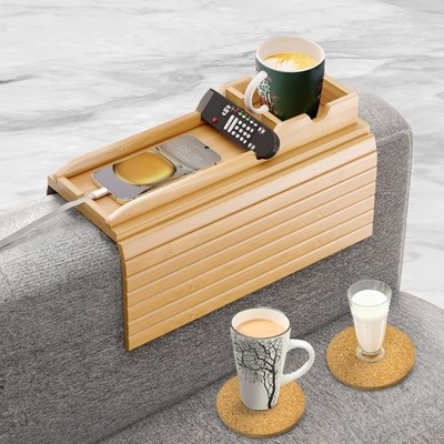 Bamboo Couch Cup Holder Tray with 2 Cork Coasters, Couch Arm Tray, 2 in 1 Ant...