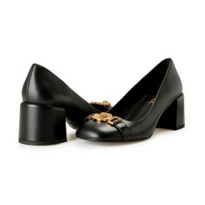 Versace Women's Gold Medusa Black Leather Heeled Pump Shoes US 9 IT 39