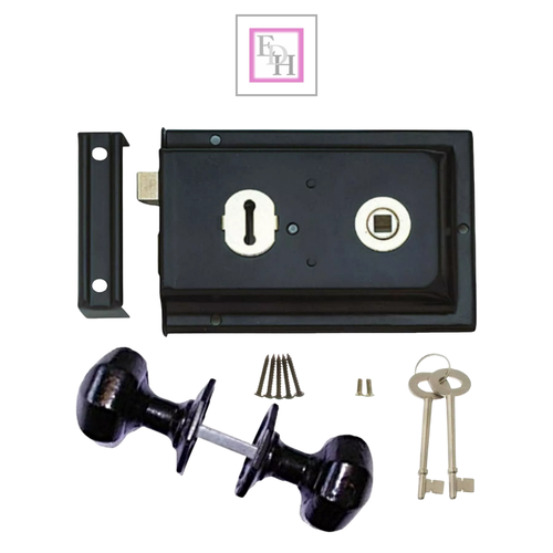 Rim Lock Set 6"x4" Deadbolt with Handle – Black, Brass, Chrome, Cast Iron Knobs - Picture 20 of 21
