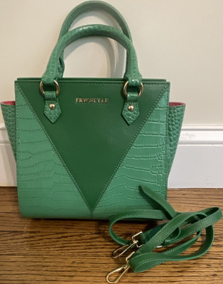 Authentic F&W Style Green Croc Embossed Small Satchel Gold Hardware pink lining 