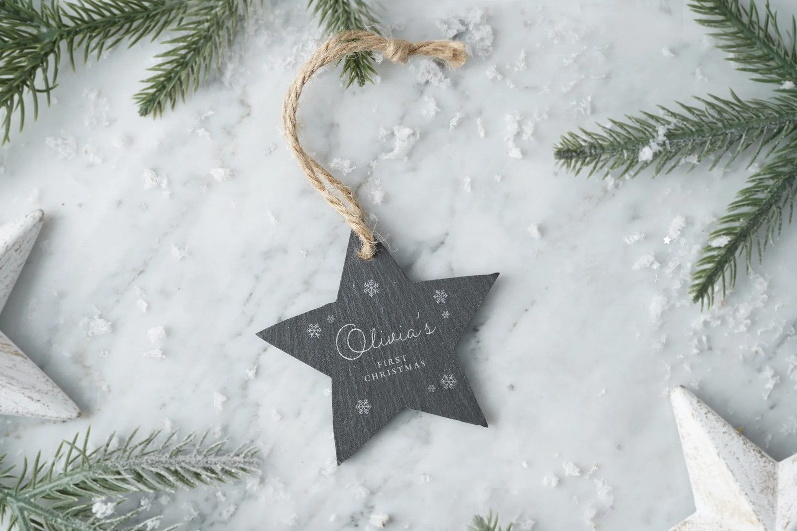 Personalised 'First Christmas' Slate Star Christmas Tree Hanging Decoration