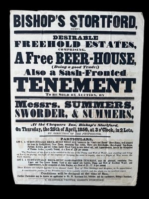 ORIGINAL AUKTIONSPLAKAT VON 1850, BIERHAUS, KNEIPE, BISHOP'S STORTFORD, G.E SWORDER