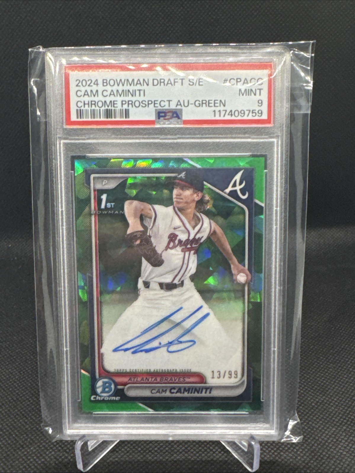 2024 Bowman Chrome Draft Sapphire - 1st Autographs Cam Caminiti Green /99 PSA 9